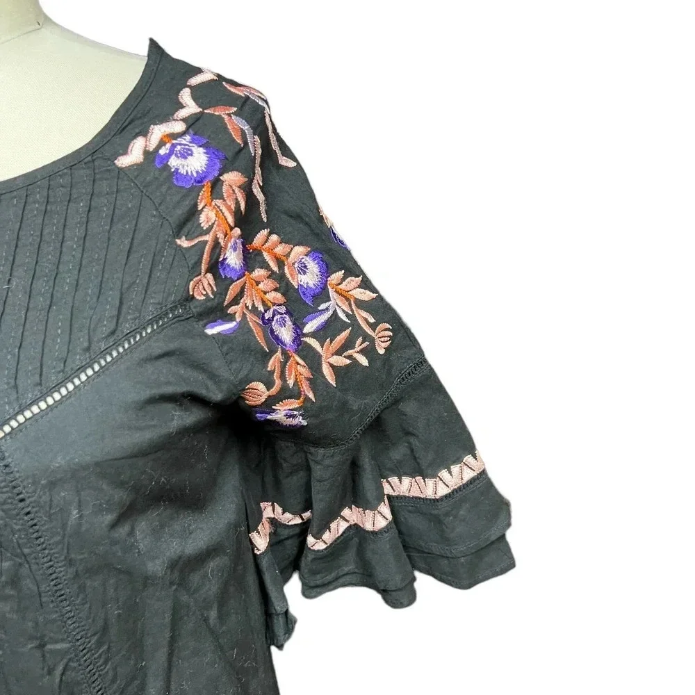 Free People Pavlo Embroidered Smock‎ Dress Black Purple Floral Size XS